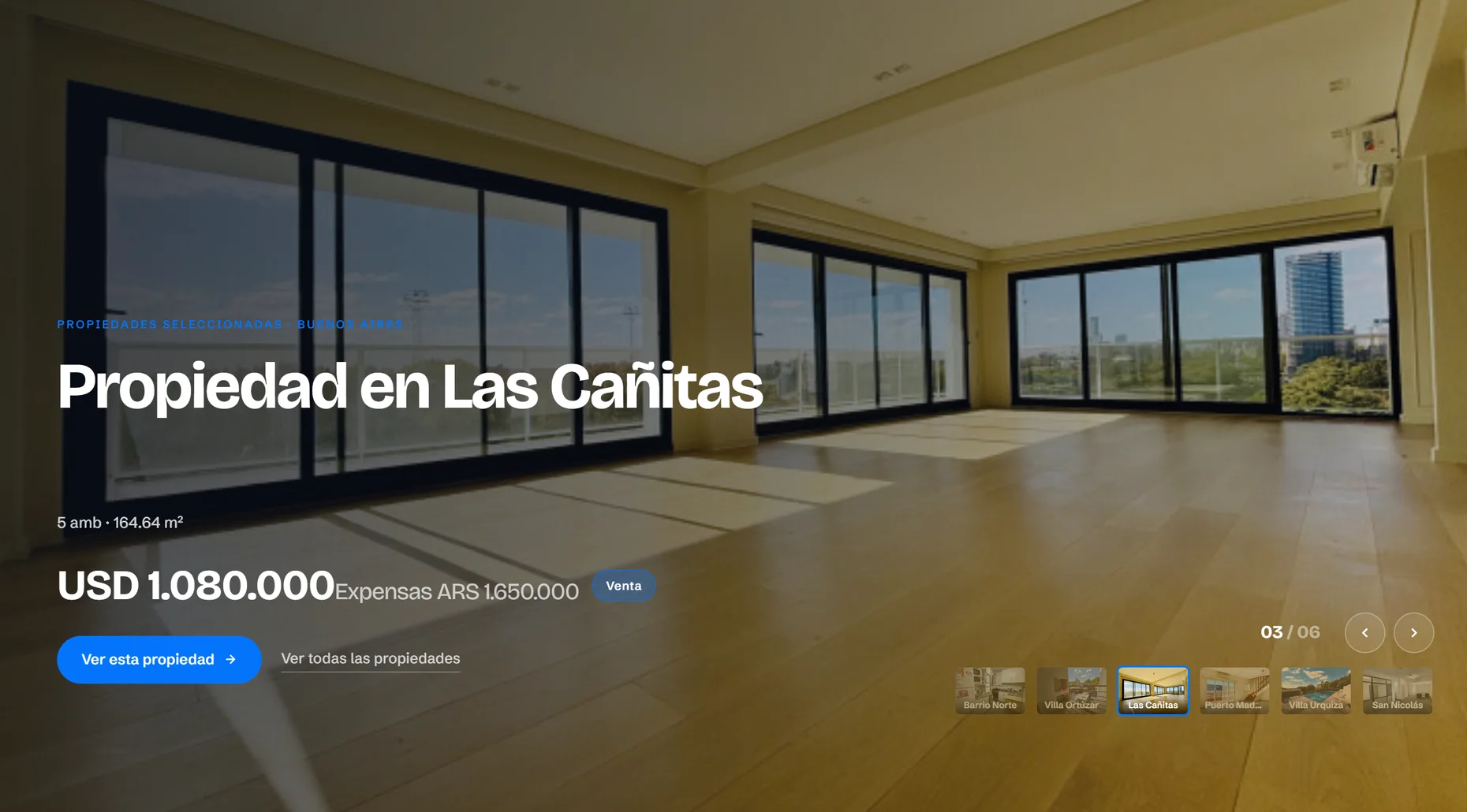 Catálogo de propiedades en la web de una inmobiliaria cliente: una propiedad destacada con precio y superficie, y seis propiedades más en miniatura.