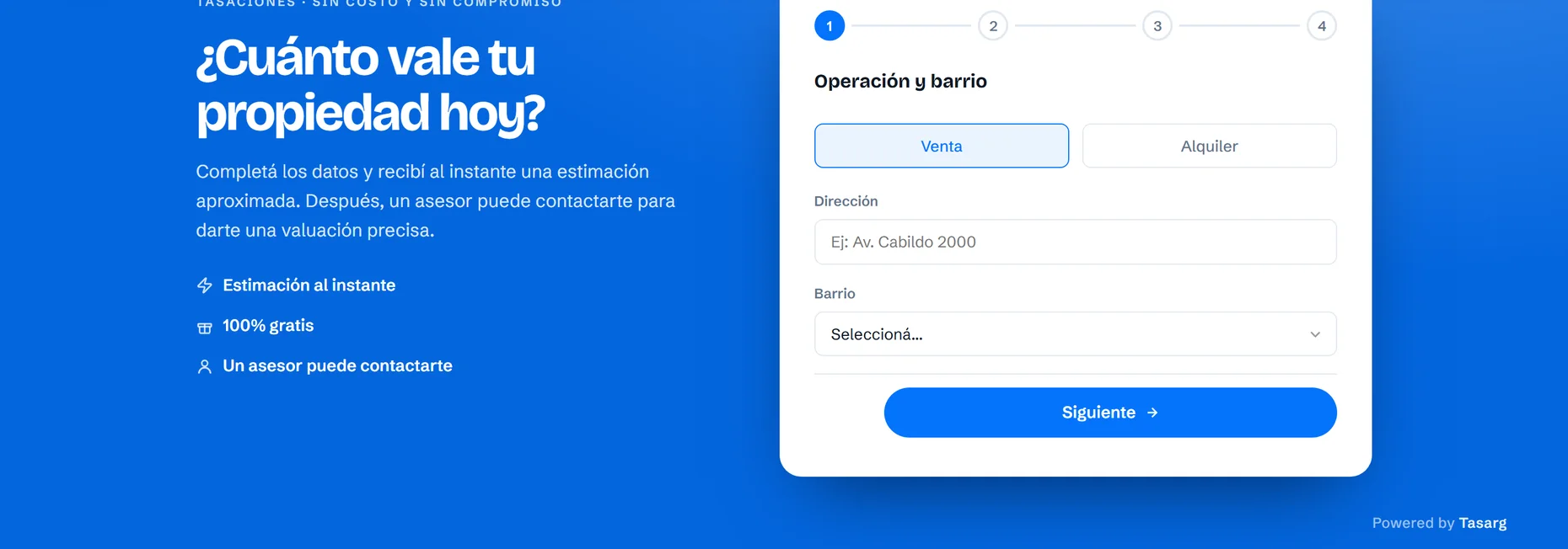 El motor de valuación de Tasarg funcionando dentro del sitio de una inmobiliaria cliente, con la leyenda «Powered by Tasarg».