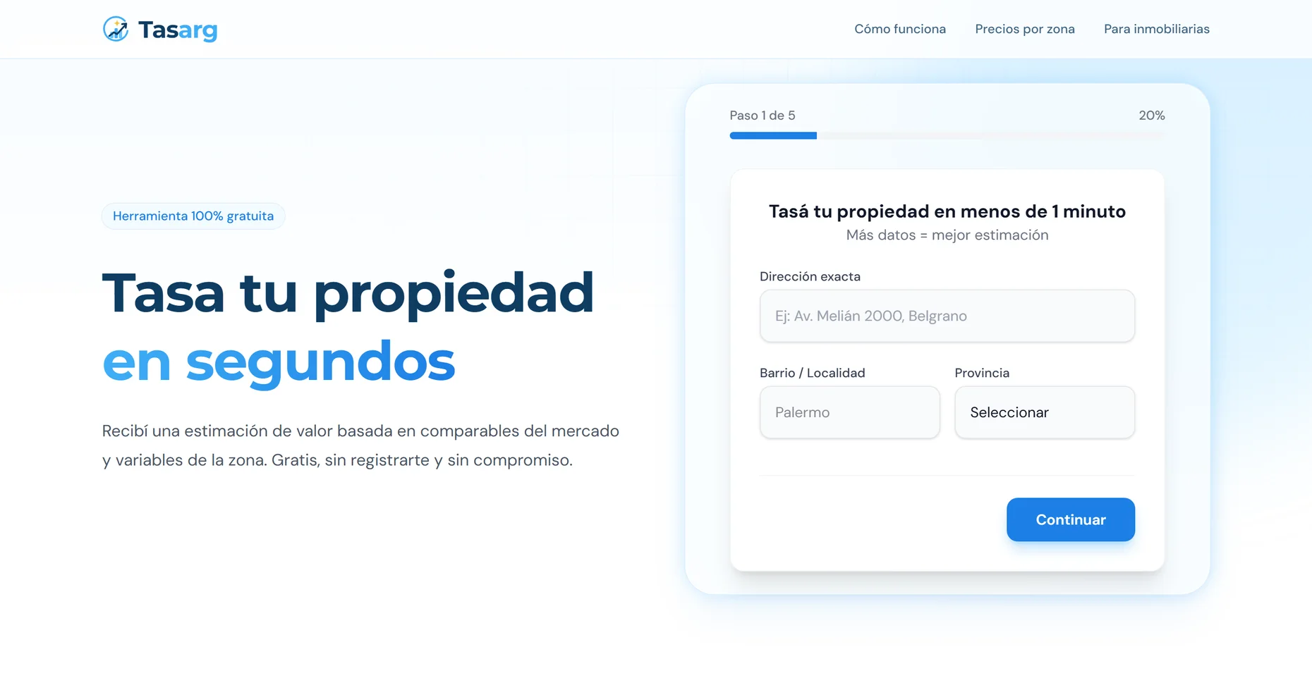 Pantalla de tasarg.com: el tasador pide dirección, barrio y provincia en el primer paso de cinco.