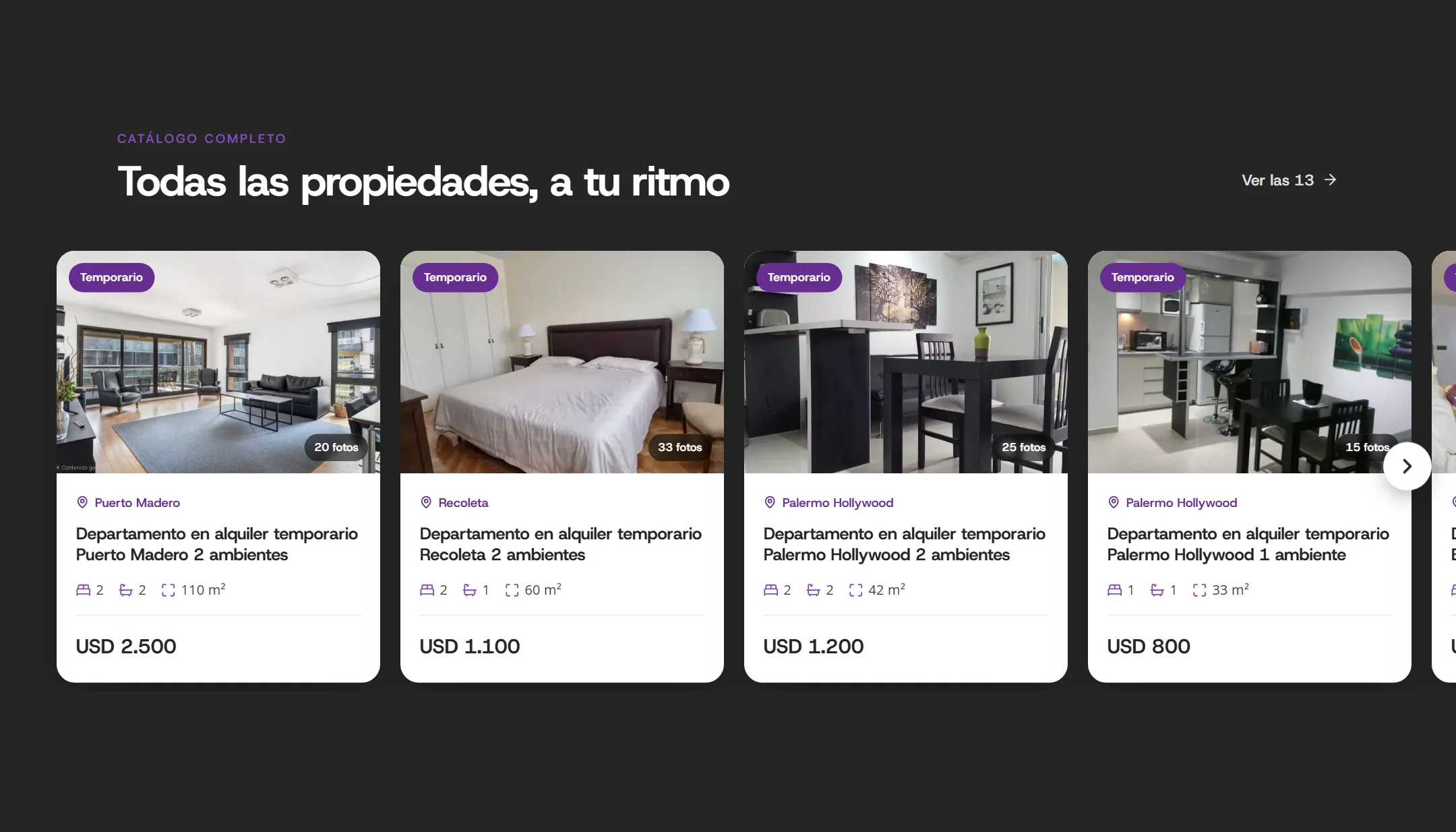 Debajo de la portada, el carrusel «Todas las propiedades, a tu ritmo»: cuatro fichas con foto, barrio, ambientes, superficie y precio.