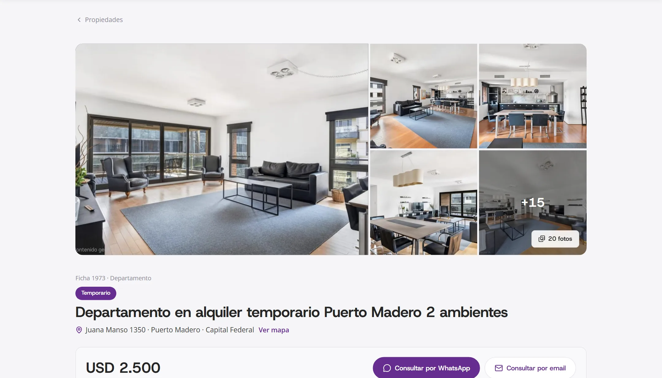 La ficha de una propiedad: galería de fotos, título, dirección, precio y botones para consultar por WhatsApp o por email.