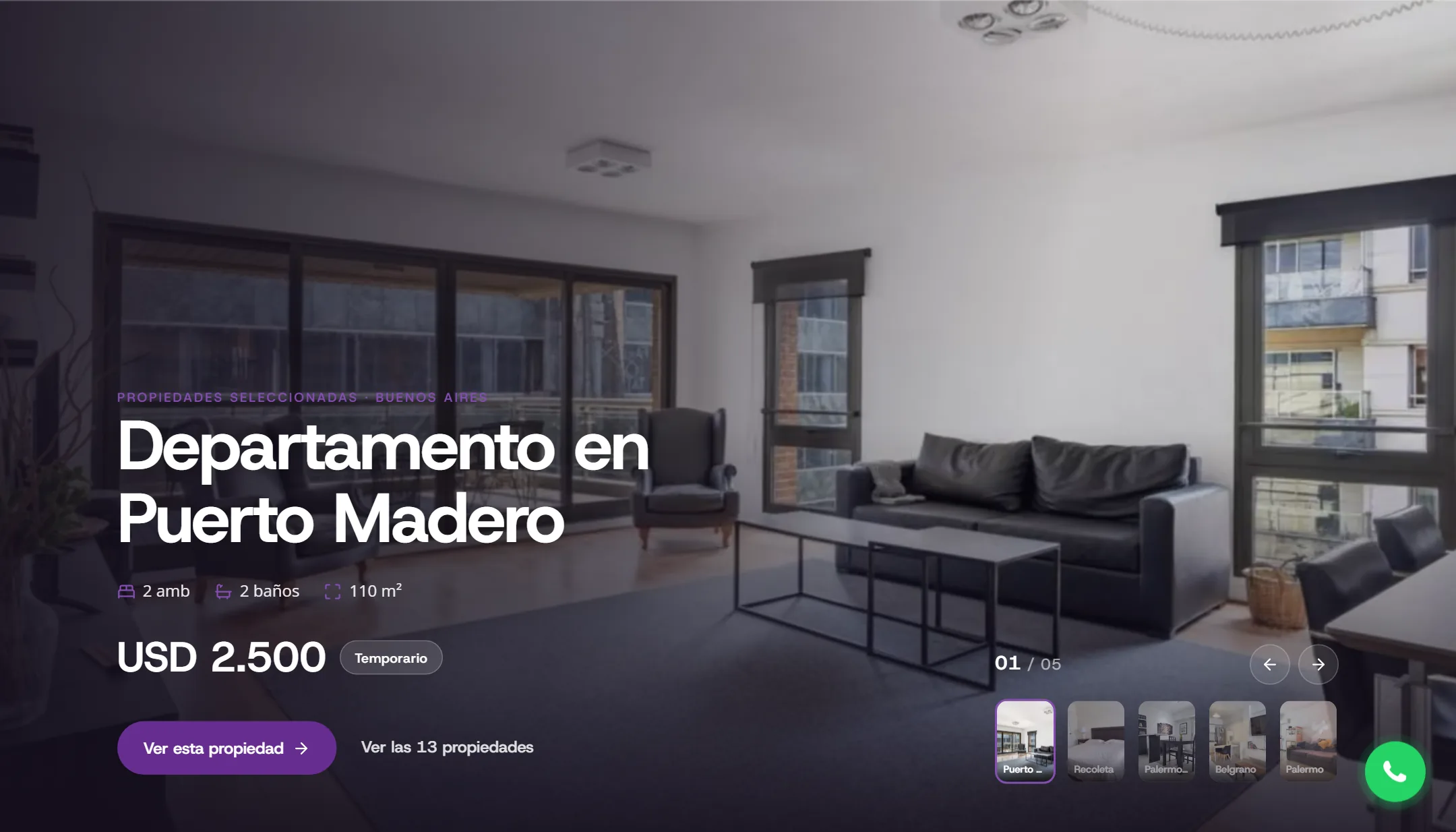 La portada de la web de una inmobiliaria: una propiedad destacada a pantalla completa, con precio, superficie, un botón «Ver esta propiedad» y miniaturas de otras cuatro.